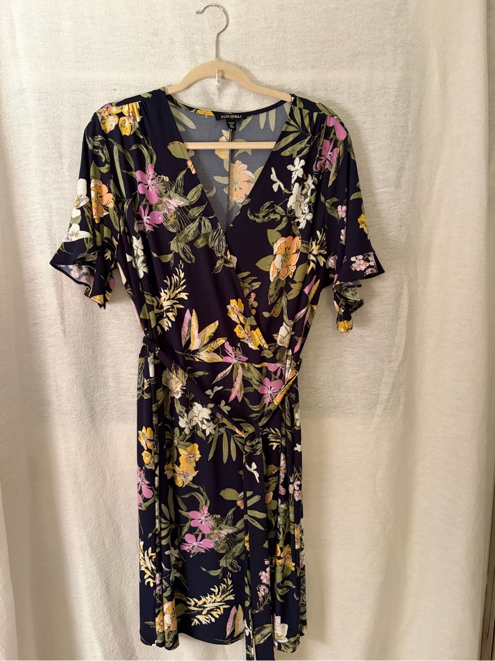 Roz & Ali Black Floral Wrap Midi Dress with Pink & Yellow Blooms